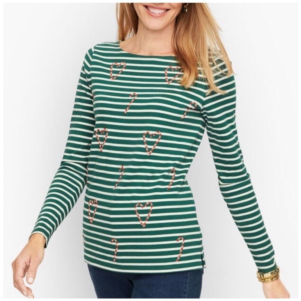 Talbots Bateau Neck Tee Candy Cane Holiday Strip Medium (A32)